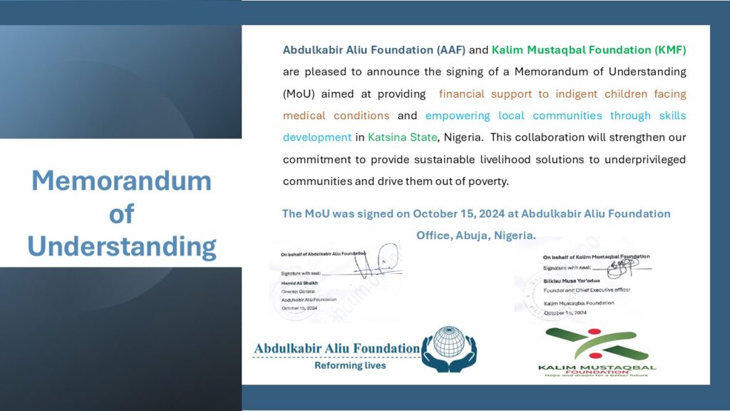 Memorandum of Understanding (MoU) between Abdulkabir Aliu Foundation (AAF) and Kalim Mustaqbal Foundation (KMF)