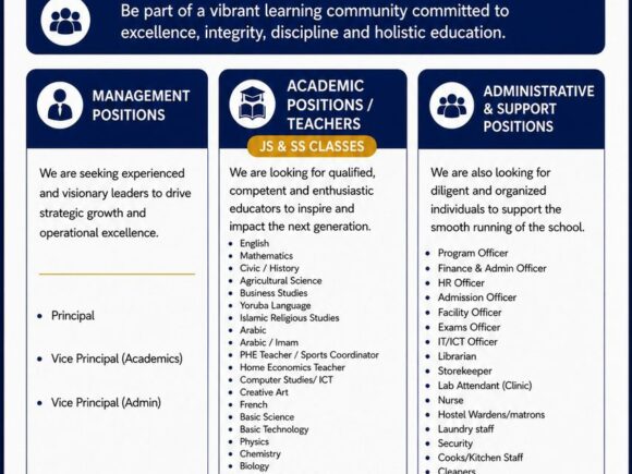 We are looking for dedicated and competent staff for our boarding school located in Oloki, Ede, Osun State, Nigeria.